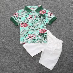 2 Pieces Boat Party Hawaiian Floral Short Sleeves And White Shorts With Belt Clothes Set fashionable Boy Outfit