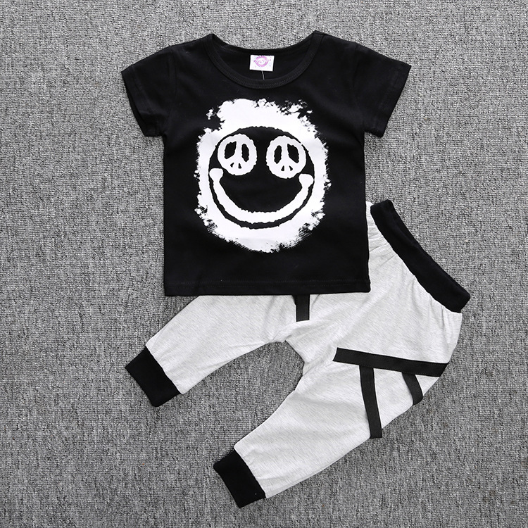 2 Pieces Peace Out Patchwork T-shirt Tops + Harem Pants Kids Clothes Set Fashionable Boys Outfit