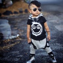 2 Pieces Peace Out Patchwork T-shirt Tops + Harem Pants Kids Clothes Set Fashionable Boys Outfit