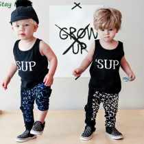 2 Pieces 'SUP Sleeveless Top + Pants Kids Clothes Set Casual Boys Outfit