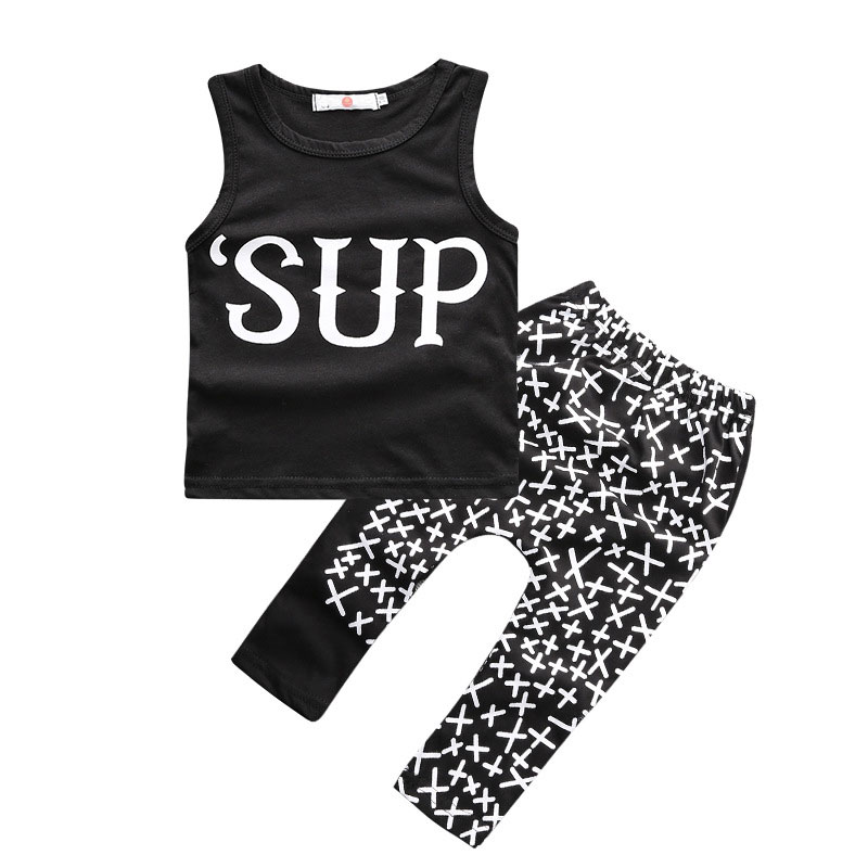 2 Pieces ‘SUP Sleeveless Top + Pants Kids Clothes Set Casual Boys Outfit