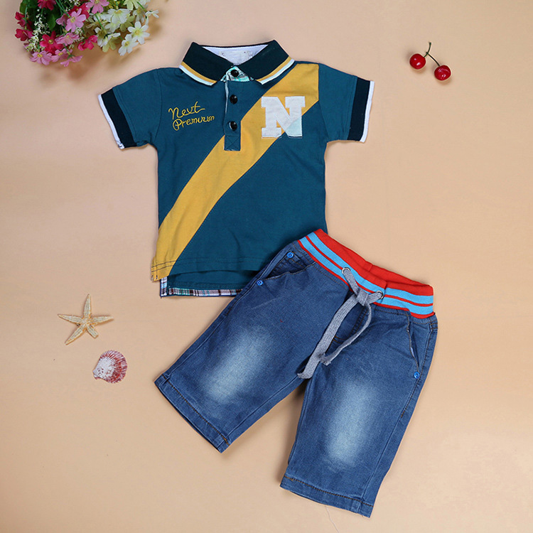 2 Pieces Summer Arvo Stylish Polo + Denim Shorts Clothes Set fashionable Boy Outfit