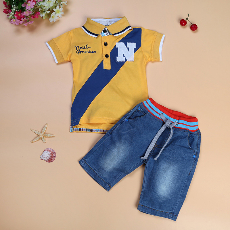 2 Pieces Summer Arvo Stylish Polo + Denim Shorts Clothes Set fashionable Boy Outfit