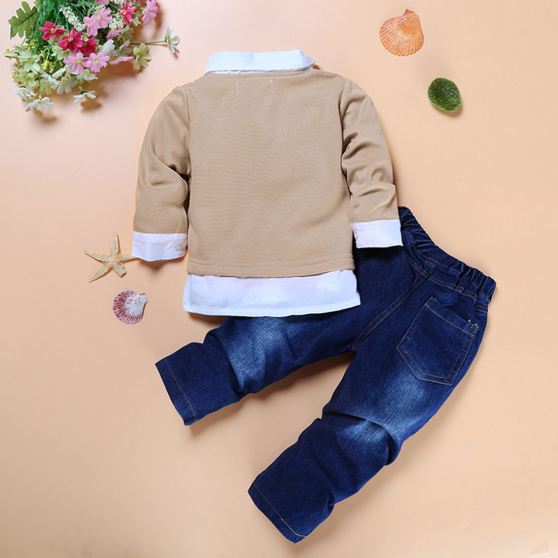 3 Pieces Combined Cardigan + White Shirt + Bow Tie And Denim Jeans Pants Clothes Set fashionable Boy Outfit