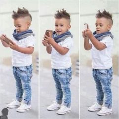 3 Pieces Short Sleeves White Skinny Shirt With Scarf + Denim Jeans Kids Clothes Set Fashionable Boy Outfit