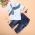3 Pieces Short Sleeves White Skinny Shirt With Scarf + Denim Jeans Kids Clothes Set Fashionable Boy Outfit