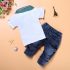 3 Pieces Short Sleeves White Skinny Shirt With Scarf + Denim Jeans Kids Clothes Set Fashionable Boy Outfit