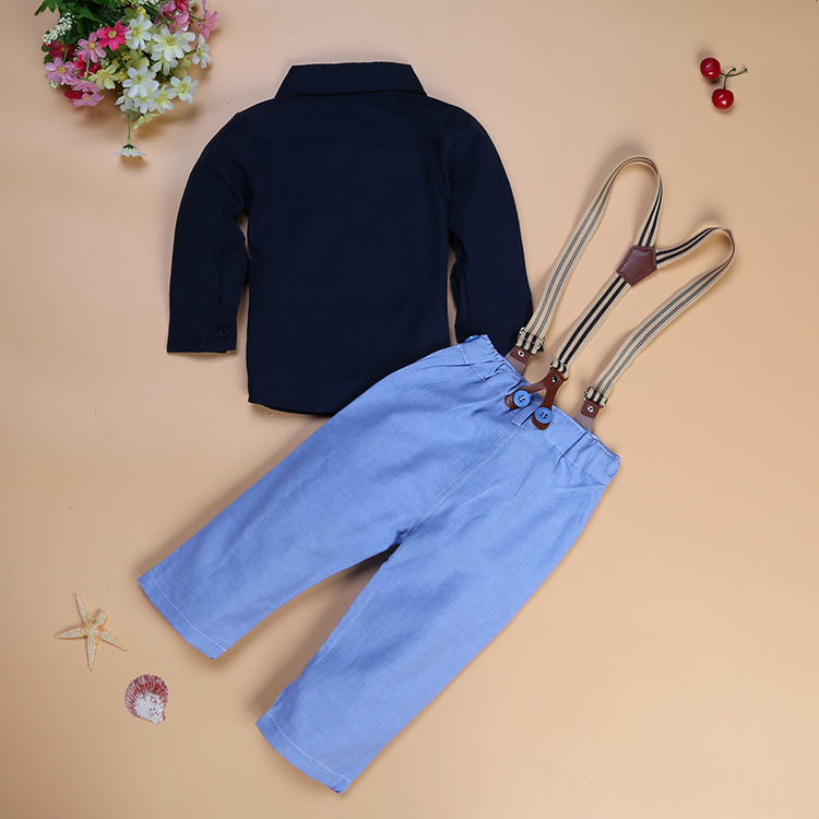 3 Pieces Summer Arvo Stylish Navy Blue Shirt And Royal Blue Chino With Suspenders Clothes Set fashionable Boy Outfit