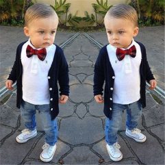 3 Pieces Summer Arvo Stylish White Polo With A Bow Tie + Navy Blue Cardigan And Denim Jeans Clothes Set fashionable Boy Outfit