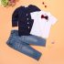 3 Pieces Summer Arvo Stylish White Polo With A Bow Tie + Navy Blue Cardigan And Denim Jeans Clothes Set fashionable Boy Outfit