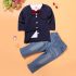 3 Pieces Summer Arvo Stylish White Polo With A Bow Tie + Navy Blue Cardigan And Denim Jeans Clothes Set fashionable Boy Outfit