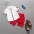 3 Pieces Summer Boat Party Short Sleeves White Shirt With Red And Black Lines And Red Shorts Clothes Set fashionable Boy Outfit