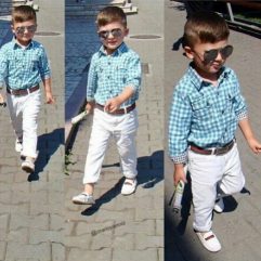 3 Pieces Turquoise Blue Check Skinny Shirt + Chino White Pants and Belt Kids Clothes Set Fashionable Boy Outfit