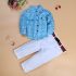 3 Pieces Turquoise Blue Check Skinny Shirt + Chino White Pants and Belt Kids Clothes Set Fashionable Boy Outfit