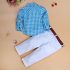 3 Pieces Turquoise Blue Check Skinny Shirt + Chino White Pants and Belt Kids Clothes Set Fashionable Boy Outfit