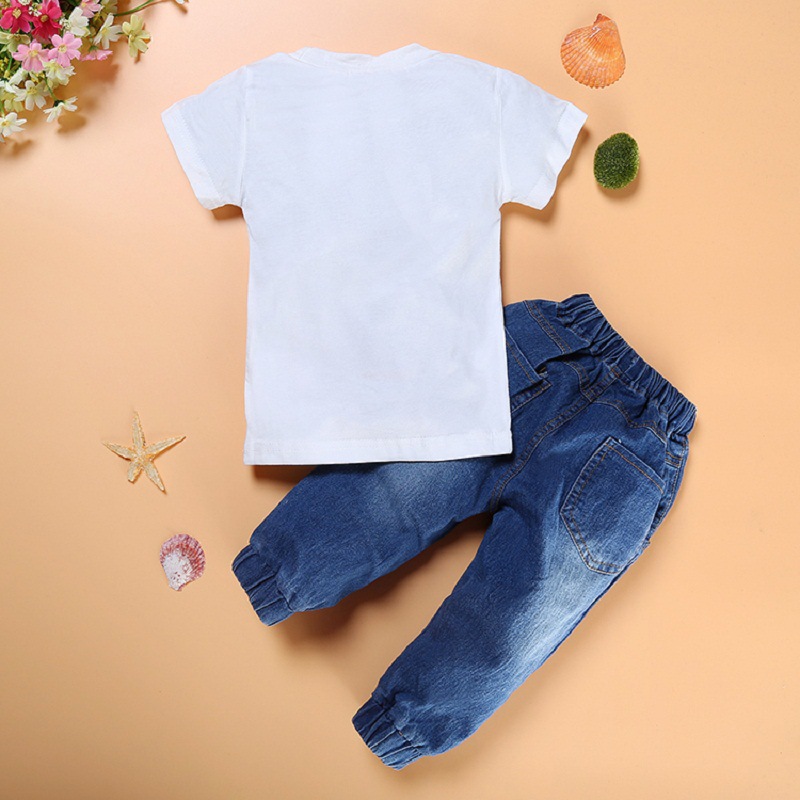 3 Pieces Union Jack + American Flag T-Shirts And Denim Joggers Pants Clothes Set Casual Boy Outfit