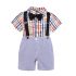 4 Pieces Summer Arvo Stylish Colourful Check Print Short Sleeves Shirt with Bow Tie & Suspenders + Striped Chino Shorts Clothes Set fashionable Boy Outfit