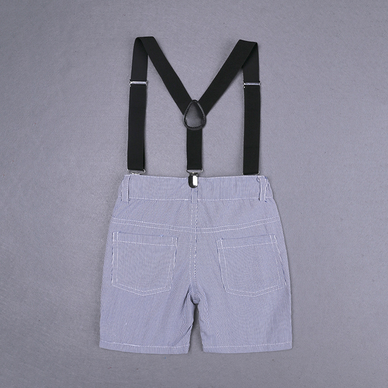 4 Pieces Summer Arvo Stylish Colourful Check Print Short Sleeves Shirt with Bow Tie & Suspenders + Striped Chino Shorts Clothes Set fashionable Boy Outfit