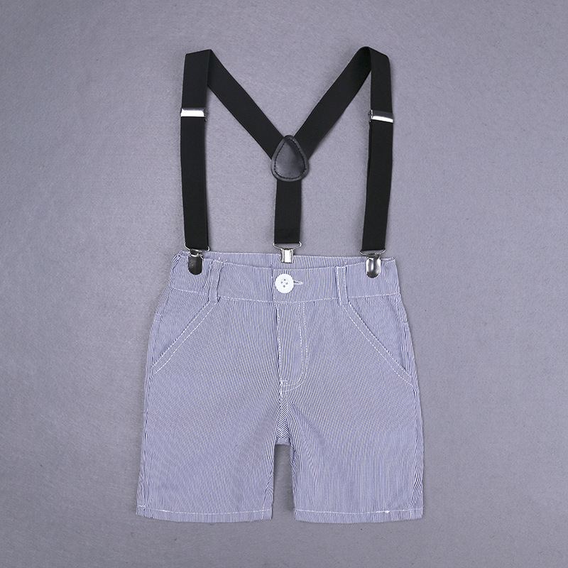 4 Pieces Summer Arvo Stylish Colourful Check Print Short Sleeves Shirt with Bow Tie & Suspenders + Striped Chino Shorts Clothes Set fashionable Boy Outfit
