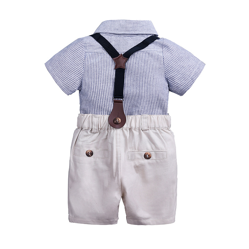 4 Pieces Summer Arvo Stylish Striped Short Sleeves Shirt with Bow Tie & Suspenders + Wheat Rinse Shorts Clothes Set fashionable Boy Outfit