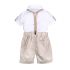 4 Pieces Summer Arvo Stylish White Short Sleeves Shirt with Bow Tie & Suspenders + khaki Chino Shorts Clothes Set fashionable Boy Outfit