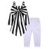 2 Pieces Summer Arvo Stylish Black N White Striped Ribbon Short Sling Top + Ripped Skinny White Pants Clothes Set fashionable Girls Outfit