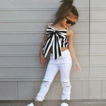 2 Pieces Summer Arvo Stylish Black N White Striped Ribbon Short Sling Top + Ripped Skinny White Pants Clothes Set fashionable Girls Outfit