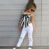 2 Pieces Summer Arvo Stylish Black N White Striped Ribbon Short Sling Top + Ripped Skinny White Pants Clothes Set fashionable Girls Outfit