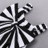 2 Pieces Summer Arvo Stylish Black N White Striped Ribbon Short Sling Top + Ripped Skinny White Pants Clothes Set fashionable Girls Outfit