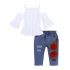 2 Pieces Summer Arvo Stylish Eyelash Lace Hollow Out Blouse + Floral Denim Clothes Set fashionable Girls Outfit