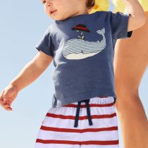 2 Pieces Summer Beach Stylish T-Shirt With Whale Patched + Comfy White and Red Striped Shorts Clothes Set fashionable Boy Outfit