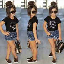 2 Pieces Summer Little Black Tee Top + Ripped Skinny Denim Shorts Clothes Set fashionable Girls Outfit