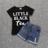 2 Pieces Summer Little Black Tee Top + Ripped Skinny Denim Shorts Clothes Set fashionable Girls Outfit