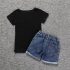 2 Pieces Summer Little Black Tee Top + Ripped Skinny Denim Shorts Clothes Set fashionable Girls Outfit