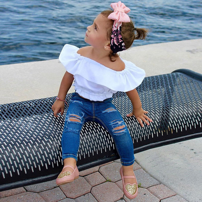 2 Pieces Summer Arvo Ruffle Detail Solid Top+ Ripped Skinny Denim Pants Clothes Set fashionable Girls Outfit
