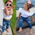 2 Pieces Summer Arvo Ruffle Detail Solid Top+ Ripped Skinny Denim Pants Clothes Set fashionable Girls Outfit