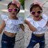 2 Pieces Summer Arvo Ruffle Detail Solid Top+ Ripped Skinny Denim Pants Clothes Set fashionable Girls Outfit