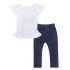 2 Pieces Summer Arvo Ruffle Detail Solid Top+ Ripped Skinny Denim Pants Clothes Set fashionable Girls Outfit