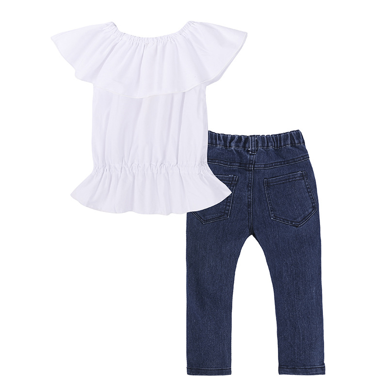 2 Pieces Summer Arvo Ruffle Detail Solid Top+ Ripped Skinny Denim Pants Clothes Set fashionable Girls Outfit