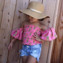 2 Pieces Summer Pink Printed Off Shoulder Top + Ripped Skinny Denim Shorts Clothes Set fashionable Girls Outfit