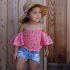 2 Pieces Summer Pink Printed Off Shoulder Top + Ripped Skinny Denim Shorts Clothes Set fashionable Girls Outfit