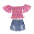 2 Pieces Summer Pink Printed Off Shoulder Top + Ripped Skinny Denim Shorts Clothes Set fashionable Girls Outfit