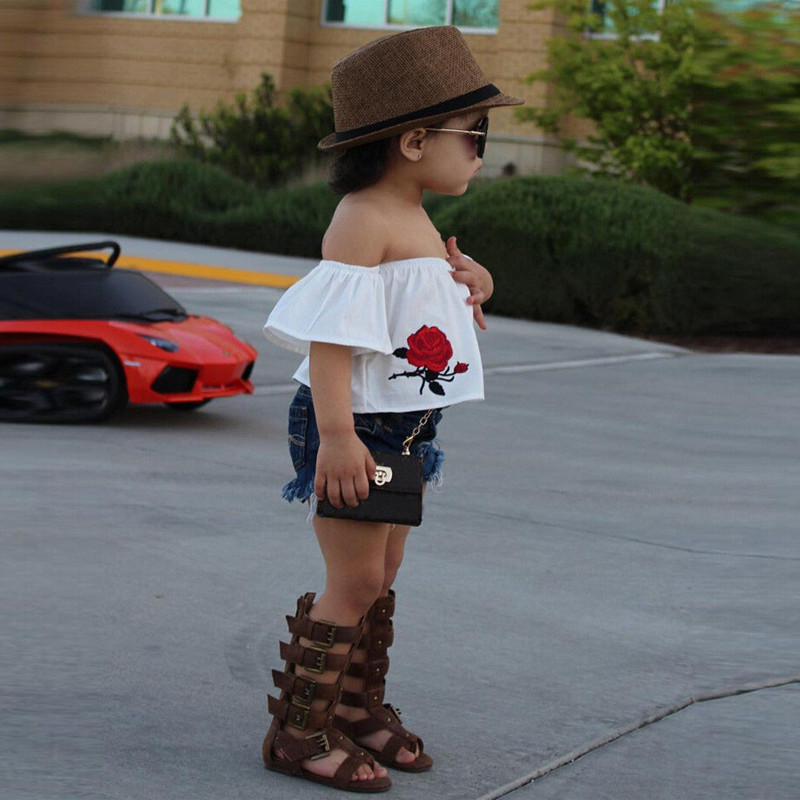 2 Pieces Summer White Off Shoulder Top With Matching Bow Headband + Ripped Skinny Denim Shorts Clothes Set fashionable Girls Outfit