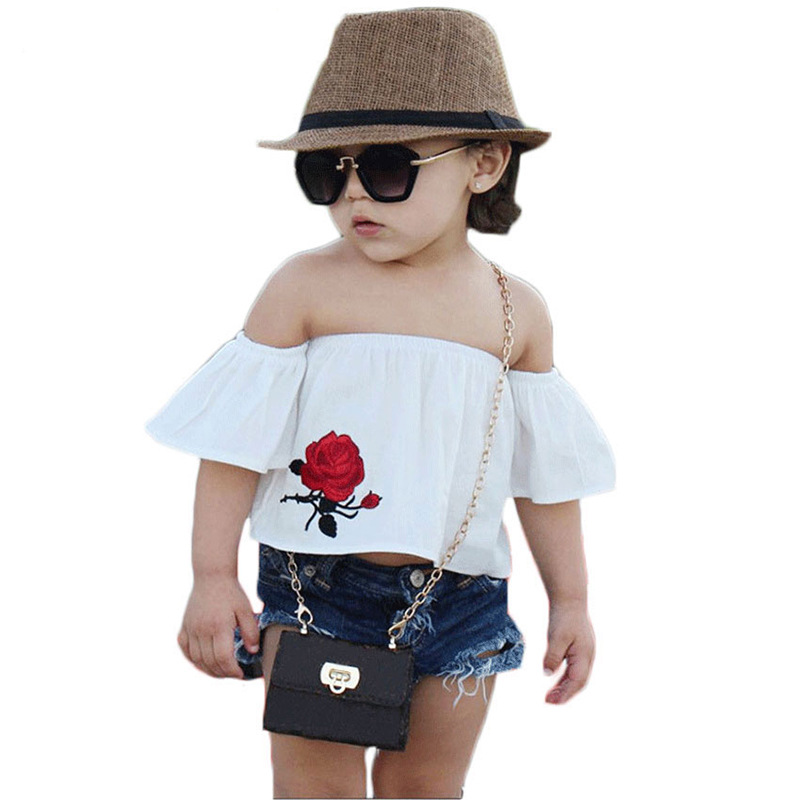 2 Pieces Summer White Off Shoulder Top With Matching Bow Headband + Ripped Skinny Denim Shorts Clothes Set fashionable Girls Outfit