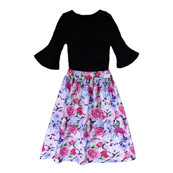 3 Pieces Summer Arvo Black Bell Sleeve Top + Floral Printed Short With Maxi Layer Clothes Set fashionable Girls Outfit