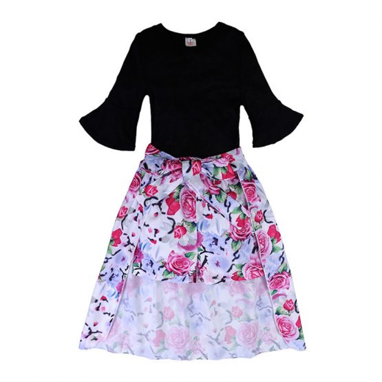 3 Pieces Summer Arvo Black Bell Sleeve Top + Floral Printed Short With Maxi Layer Clothes Set fashionable Girls Outfit