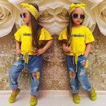 3 Pieces Summer Arvo Yellow Memoire Printed Knot Front Frill Ruffle Sleeve Top With Bow HeadBand + Ripped Skinny Denim Pants Clothes Set fashionable Girls Outfit