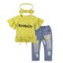 3 Pieces Summer Arvo Yellow Memoire Printed Knot Front Frill Ruffle Sleeve Top With Bow HeadBand + Ripped Skinny Denim Pants Clothes Set fashionable Girls Outfit