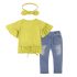 3 Pieces Summer Arvo Yellow Memoire Printed Knot Front Frill Ruffle Sleeve Top With Bow HeadBand + Ripped Skinny Denim Pants Clothes Set fashionable Girls Outfit