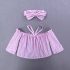 3 Pieces Summer Off Shoulder Pink Striped Top With Matching Bow Headband + Ripped Skinny Pink Pants Clothes Set fashionable Girls Outfit